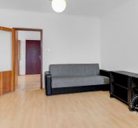 Living room in a 2-room apartment with a sofa, shelves, and a wooden decor floor.
