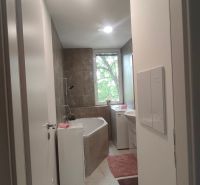 A bathroom with a shower, bathtub, sink, and washing machine in a 4-room apartment.