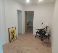 Interior of a 4-room apartment with a wooden decor floor, an armchair, and a painting.