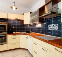 A kitchen with dark blue tiles and built-in appliances in a two-room apartment.