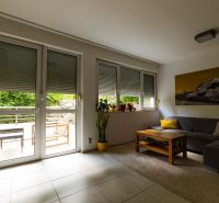 Living room in a two-room apartment with a sofa, table, and a view of the terrace.