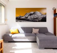 Living room in a two-room apartment, gray sofa, picture of mountains, light walls.