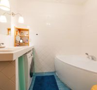 A bathroom with a bathtub, a washing machine, a blue rug, and white tiles in a 2-room apartment.