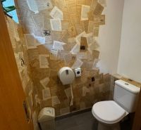 Interior of a restroom with creative paper wall decoration in commercial premises.
