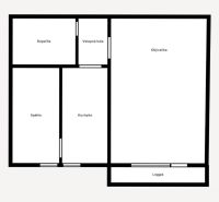 Floor plan of a 2-room apartment with an entrance hall, bathroom, kitchen, and loggia.