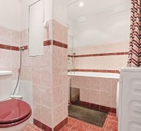 A bathroom in a 2-room apartment with a shower, bathtub, and washing machine, featuring red tiles.