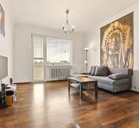 Living room in a two-room apartment with a sofa, TV, and wooden decor flooring.