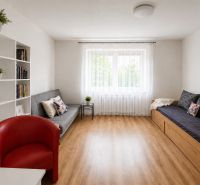 Living room with a sofa, an armchair, shelves, and a wooden decor floor in a family house.