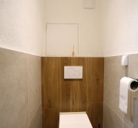 Bathroom in a 2-room apartment with wood-patterned flooring and a toilet.