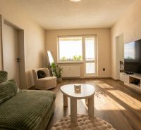 Living room in a two-room apartment with a wooden decor floor and comfortable furniture.