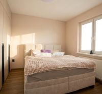 A bedroom in a two-room apartment with a wood-patterned floor and a large bed.