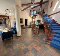 Hotel reception with blue carpet on the stairs and armchairs, floor with wood decor.