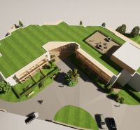 Aerial view of the building Hotels and guesthouses in Nová Lesná with a green roof.