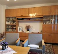 Living room in a family house with a wooden wall unit and retro furniture.