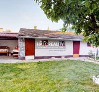 A garden at a family house in Senica with a lawn and a tree, an extension at the back.