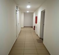 A corridor with white walls, tiles, and emergency equipment in a studio apartment.