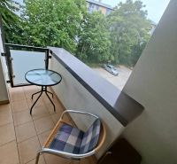A studio apartment balcony with a view of greenery and a parking lot, a room with a table and a chair.