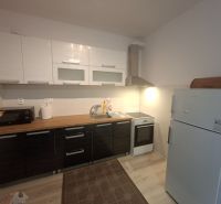 A kitchenette in a studio apartment with a countertop, microwave, sink, and refrigerator, with a wooden decor floor.