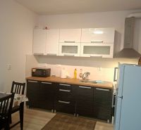 Kitchen unit in a studio apartment with cabinets, dining table, wooden decor flooring.