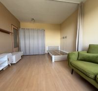 A room in a one-room apartment with a wooden decor floor, a bed, and a green sofa.