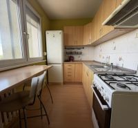 A kitchen in a studio apartment with a wood-patterned floor and light-colored furniture.