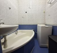 Bathroom in a studio apartment with a shower, sink, washing machine, and blue tiles.