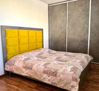 Bedroom in a family house with a bed and a wardrobe, floor with wooden decor.