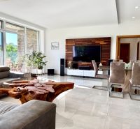 Living room in a family house with a leather sofa, unique wooden table, and television.