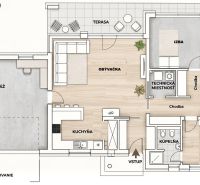 Floor plan of a family house with a garage, terrace, rooms, bathroom, and flooring with a wooden decor.