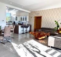 Living room with kitchen in a family house, seating, wooden table, and light floor.