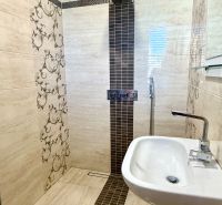 A bathroom in a family house with decorative tiles and a stylish sink.