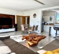 Living room with an open kitchen and dining table, wood-patterned flooring, sofa set.