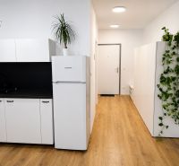 A kitchen in a studio apartment with a black sink, white cabinets, and a wood-patterned floor.