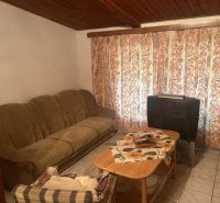 Living room in a cabin with a sofa, armchair, television, and floral curtain.