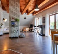 Interior of a family house with wood-patterned flooring, plants, and a brick wall.