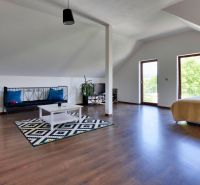 Attic room with wood-patterned flooring, a couch, a bed, and a carpet.