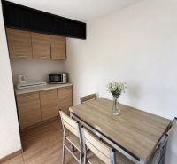 A kitchen in a cottage with a wood-patterned floor, a kitchen unit, and a table with a flower.
