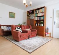Living room in a family house with comfortable armchairs, a carpet, and a bookshelf, floor with wooden decor.