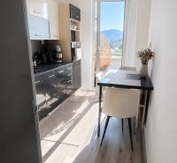 A kitchen in a 2-room apartment with a wooden decor floor and a view of the exterior.