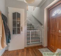 Entrance hall with wooden doors, wood-patterned flooring, and staircase in a family house.
