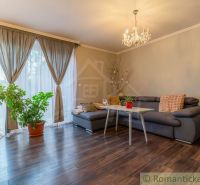 Living room in a family house with a sofa and wooden decor flooring.