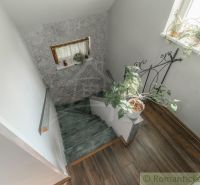 A staircase in a family house with flowers and a wooden decor floor.