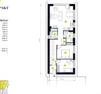 Floor plan of a three-bedroom bungalow with bedrooms and a living room in a family house.