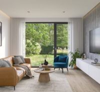 Living room with wood-patterned flooring, a comfortable couch, and modern lighting.
