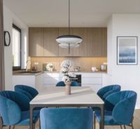 A dining room of a family house with a wooden decor floor and blue chairs.