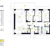 The floor plan of a 4-room bungalow with a terrace in Nové Zámky includes living and utility rooms.