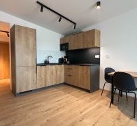 A kitchen in a holiday apartment with a wood-patterned floor and wooden cabinets.