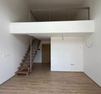 Interior of a holiday apartment with a wooden decor floor and a gallery with a staircase.