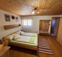 A room in a family house with wooden decoration and a bed, carpet, wardrobe, and window.