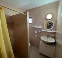 Bathroom in a family house with a sink, shower, and window.